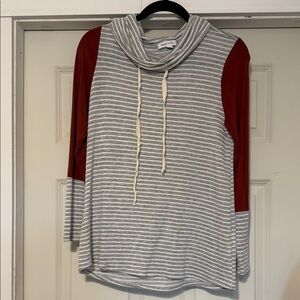 Striped Cowl Neck Hoodie with Red Sleeves